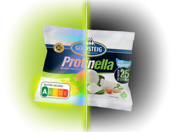 Nutri-Score: Mehr Transparenz für Verbraucher/innen. - GOLDSTEIG Käsespezialitäten Nutri-Score | GOLDSTEIG Protinella Kugel Verpackung wird geröntgt. Nutri-Score A hervorgehoben.