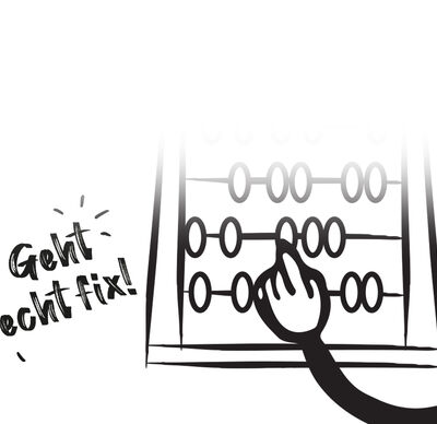 Nutri-Score Rechner: Teaser - GOLDSTEIG Käsespezialitäten Nutri-Score Rechner | Illustrierter Arm rechnet mit Abakus. Links davon Spruch „Geht echt fix!“