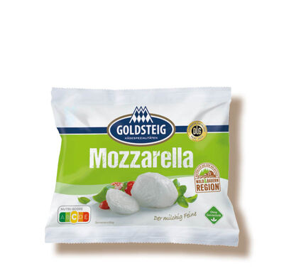 Mozzarella Kugel classic - GOLDSTEIG Käsespezialitäten  Mozzarella Kugel classic von GOLDSTEIG in Verpackung