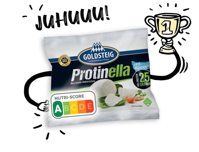Nutri-Score: So funktioniert der Nutri-Score Rechner - GOLDSTEIG Käsespezialitäten Nutri-Score | GOLDSTEIG Protinella Kugel Verpackung mit illustrierten Armen hält Pokal hoch und zeigt auf Nutri-Score A.