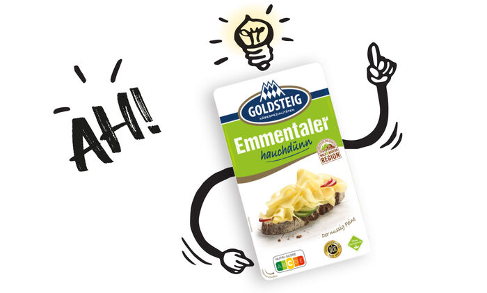 Rund um das Thema Nutri-Score/Käse: GOLDSTEIG Emmentaler Scheiben hauchdünn 125g Verpackung ist mit illustrierten Armen dargestellt. Über der Verpackung ist eine gelbe Glühbirne zu sehen.